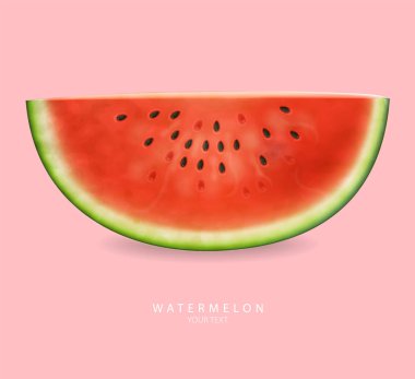 Karpuz, Vektör Gerçekçiliğini Dilimler. Yaz tropik deniz manzaralı arka plan. 3D detaylı meyve dilimleri