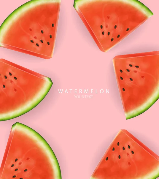 Watermelon rodajas Vector realista. Vista del mar trópico de verano fondo. 3d porciones detalladas de frutas jugosas — Archivo Imágenes Vectoriales