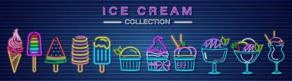 IJs neon set collectie Vector. Heerlijke dessert design label posters — Stockvector