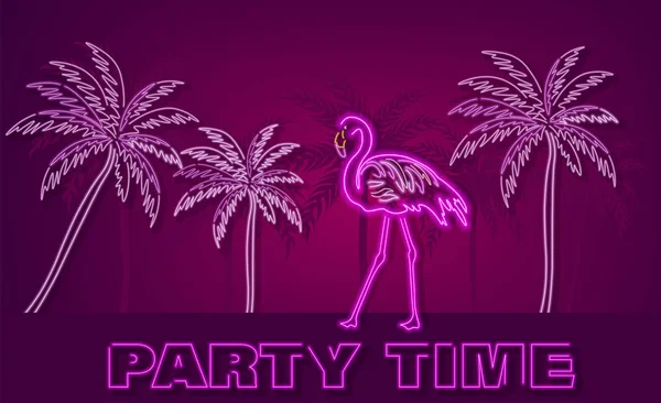 Flamingo y palmeras neón pancarta trópica Vector. Cartelera del club nocturno de verano. Señales brillantes y brillantes — Vector de stock