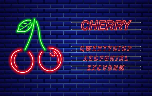 Insegna al neon cherry Vector. Frutti rossi con testo. Luminosi cartelli luminosi — Vettoriale Stock