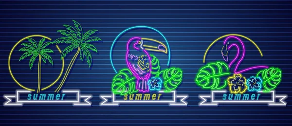 Ícones trópicos de néon Conjunto de vetores. Palmeiras, papagaio e flamingo modelos detalhados — Vetor de Stock
