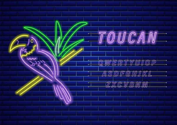 Toucanネオンベクトル。光沢のあるカラフルな鳥の装飾を光る。バナーテンプレートテキスト — ストックベクタ