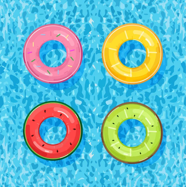 Bunte Poolringe auf Wasserhintergrund Vector. Sommer-Poster aufblasbare Rettungsringe in Obst-Styles — Stockvektor