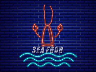 Istakoz neon vektör simgesi. Taze parlayan sembol şablonları