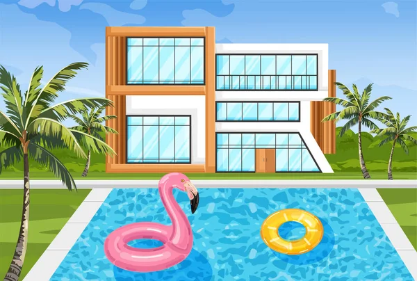 Casa moderna com piscina Vetor. Arquitetura fachada verão natureza ambientes — Vetor de Stock