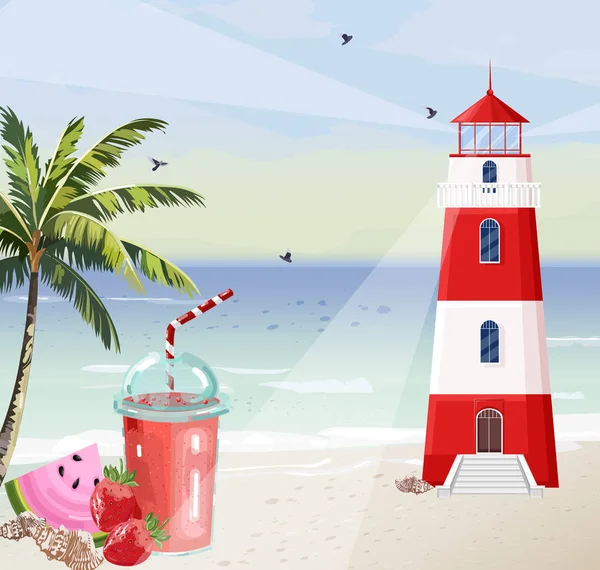 Deniz feneri vektörüyle yaz mevsimi. Kırmızı kule sembolü kokteyller ve palmiye ağaçları — Stok Vektör