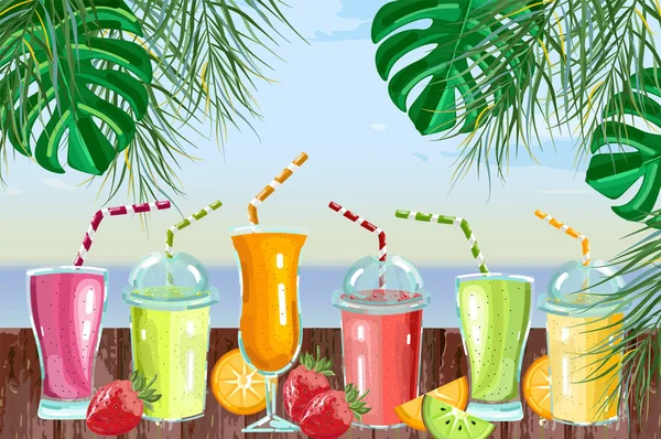 Cocktail drinks set Vector. Fresh juicy smothies and beverages on seaside background. summer tropic template beach bars — Stock Vector