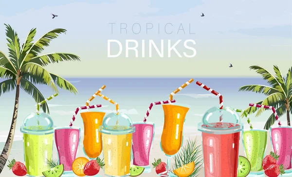 Cocktail drinks set Vector. Fresh juicy smothies and beverages on seaside background. summer tropic template beach bars — Stock Vector
