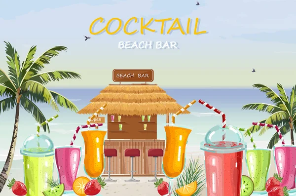 Beach bar cocktail drinkt Vector. Verse sappige smothies en dranken zee achtergrond. Zomer tropisch template pictogrammen — Stockvector