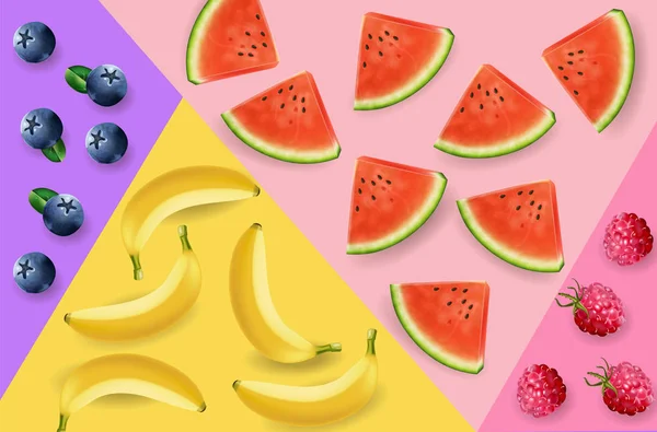 Vattenmelon, bananer och bär abstrakt mönster Vector realistisk. 3D-detaljerade fruktstrukturer — Stock vektor