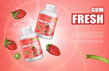 Çilek çiğneme vektörü gerçekçi. Ürün yerleştirme detaylı etiket tasarımı. Meyve aromalı. 3d illüstrasyon