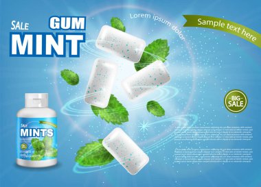 Naneli sakız vektörü gerçekçi. Taze lezzet taklit edilir. Ürün yerleştirme detaylı etiket tasarımı. 3d illüstrasyon