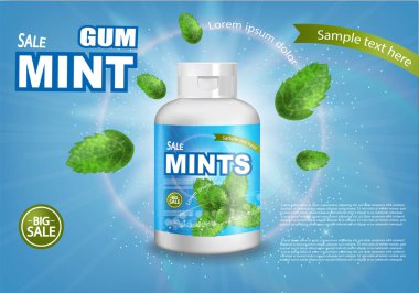 Naneli sakız vektörü gerçekçi. Taze lezzet taklit edilir. Ürün yerleştirme detaylı etiket tasarımı. 3d illüstrasyon