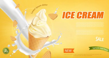 Dondurma külahı Vektörü gerçekçi. Vanilyalı. Yumuşak kıvrımlı kremalı malzemeler