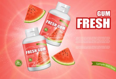 Karpuz çiğneme vektörü gerçekçi. Reklam şablonu maketi. Ürün yerleştirme detaylı etiket tasarımı. Taze sulu karpuz aroması. 3d illüstrasyon