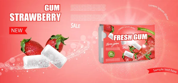 Strawberry gum Vector реалистичен. Детальный дизайн этикетки продукта. Ягодный аромат. Трехмерные иллюзии — стоковый вектор