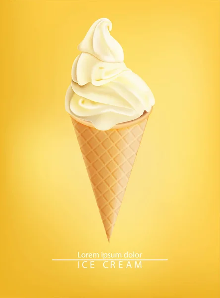 Ice cream cone Vector realistic. Vanilla flavor. Swirled smooth creamy toppings — Stock Vector