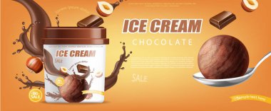 Çikolatalı dondurma kovası Vektör gerçekçi bir model. Ürün yerleştirme. Etiket tasarımı şablonun reklamını yapar. Çikolata sıçraması. Ayrıntılı 3d illüstrasyonlar