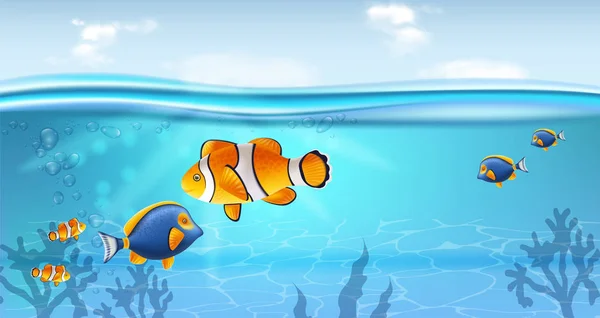 Goldfische unter Wasser Vector realistisch. Meerestiere kleine Fische. Hintergründe zum Ozean — Stockvektor