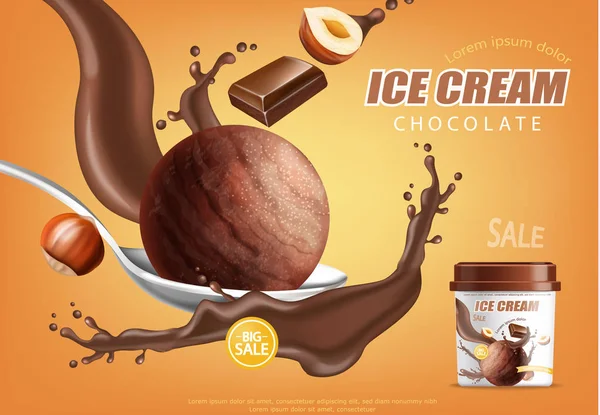 Secchiello gelato al cioccolato Vector modello realistico. Posizionamento prodotto. Il design dell'etichetta pubblicizza il modello. Un goccio di cioccolato. Illustrazioni 3d dettagliate — Vettoriale Stock