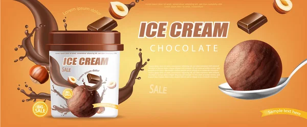 Chocolate balde de sorvete Vector realista simular. Colocação do produto. Label design anunciar modelo. Chocolate salpicado. Ilustrações 3d detalhadas — Vetor de Stock