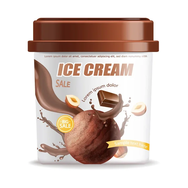 Balde de sorvete Vector isolado realista. Sabor de chocolate Ilustrações 3D detalhadas — Vetor de Stock