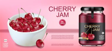 Kiraz reçeli Vektör gerçekçi alay. Ürün yerleştirme etiketi tasarım kavanozu. 3d çizimler