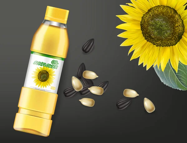 Aceite de semillas de girasol Vector realista maqueta. Diseño de la etiqueta de colocación del producto. Fondo oscuro. ilustraciones 3d — Vector de stock