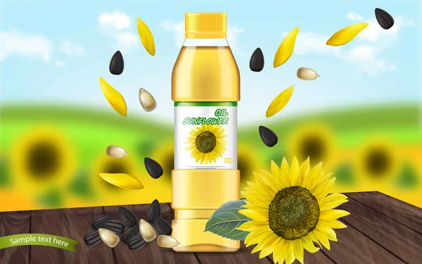 Aceite de girasol Vector realista maqueta. Diseño de la etiqueta de colocación del producto. ilustraciones 3d — Archivo Imágenes Vectoriales