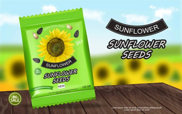 Sonnenblumenkerne Paket Vektor realistisch. Produktverpackungen mogeln. detaillierte 3D-Entwürfe — Stockvektor
