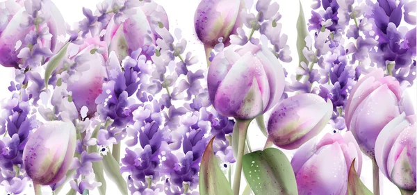 Tulipány a levandulová akvarel Vector. Jarní letní květinové kytice. Dekorace svatebních obřadů. Pastelové levandulové barvy — Stockový vektor