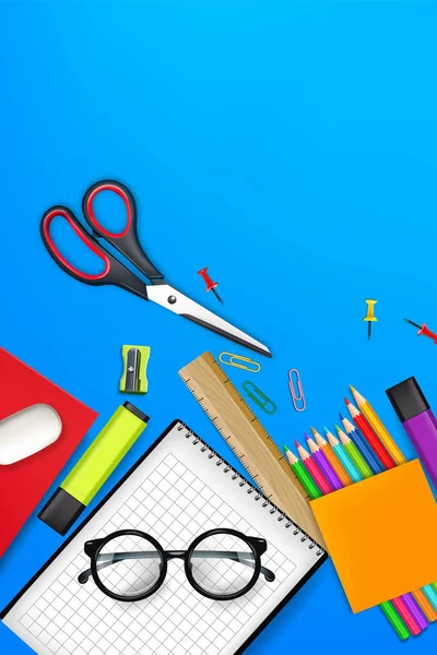 Voltar ao material de cartão escolar Vector realista. Crayons, régua, notas detalhadas ilustrações 3d — Vetor de Stock