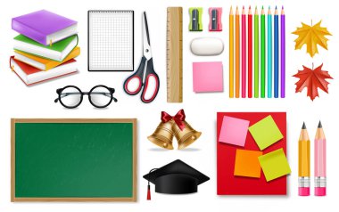 Okul malzemeleri Vector'u gerçekçi bir şekilde ayarlıyor. Boya kalemleri, cetvel, notlar ayrıntılı 3d çizimler