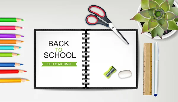 Back to school notebook Vector. Sale promotion banner. School supplies on wooden texture top views — Stock Vector