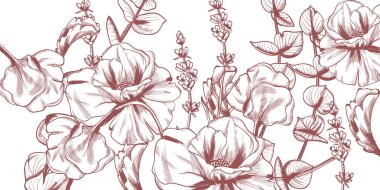 Yaz çiçekleri çizgi sanat Vektör. Düğün kartı. Tören, doğum günü, kadınlar günü afişi. El çizilmiş dekor doku vintage stilleri