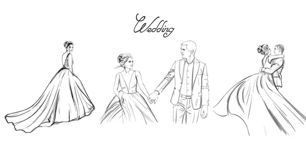 結婚式のカップルベクトルラインアートセット。花嫁のシルエットヴィンテージスタイル。美しいロングドレス.デザイン カード用テンプレート — ストックベクタ