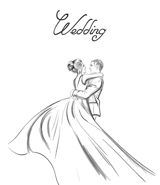 Bröllopspar vektor linje konst. Härliga par kramar. Brud och brudgum silhuett vintage stil. Vacker långklänning. Mall för design kort — Stock vektor