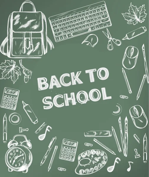 Back to school Vector banner. Sale school supplies promotion advertise poster. Chalk outline drawing textures — Stock Vector