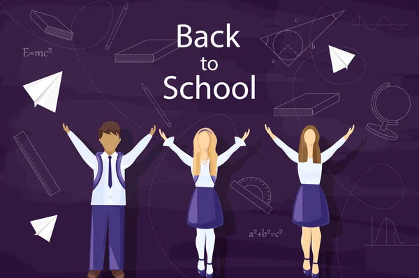 Happy kids back to school Vector. Pupils uniform dressed flat styles — Stock Vector