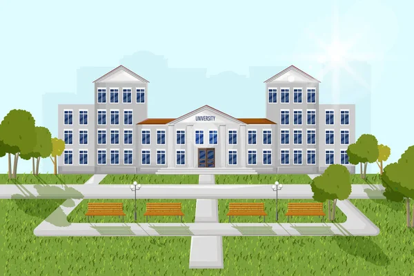 Architektoniczna fasada Uniwersytetu wektor płaski styl. Letni Park dzienny na świeżym powietrzu — Wektor stockowy