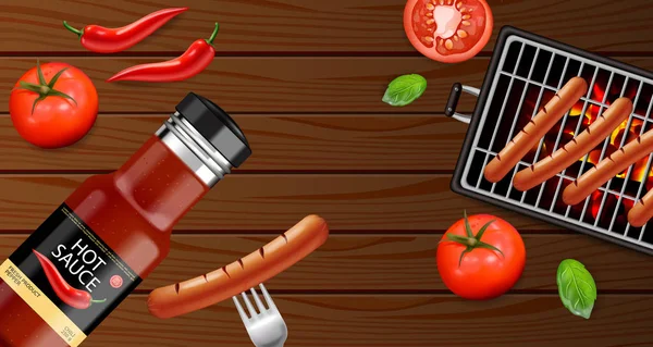 Barbekü ızgara ve sos Vektör gerçekçi. Izgara sosis menü broşür şablonu. Acı sos chily ve domates. 3d illüstrasyon gıda izole — Stok Vektör