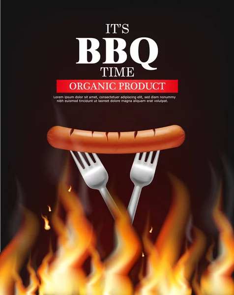 Bbq feu de saucisse vecteur réaliste. Modèle de brochure de menu vertical grill chaud. Sauce piquante au piment et tomate. Illustration 3D nourriture isolée — Image vectorielle