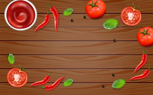 Chili ve domates ahşap masa vektör gerçekçi. Sıcak sos malzemeleri düzeni şablonu. Menü broşürü afiş tanıtımı — Stok Vektör