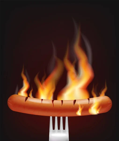 Saucisse sur le feu Vecteur réaliste. Concept de publicité de menu. Fond sombre. Illustration 3D brûlant des modèles d'affiches alimentaires — Image vectorielle