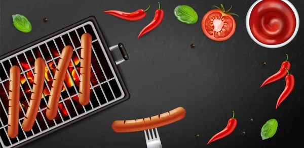 Bbq grill hot dog Vector realista. Banner sabroso menú folleto plantilla salchichas calientes. 3d ilustración alimentos — Vector de stock