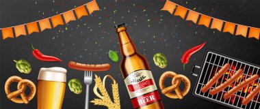 Bira, simit ve ızgara sosis Vektör gerçekçi. Gıda fest afiş ayrıntılı 3d çizimler