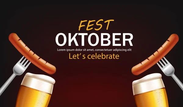 October fest poster with beer glasses and sausage Vector realistic. grill food 3d illustrations — Stock Vector