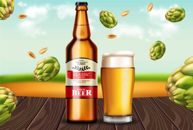 Bira şişesi ve kupa Vektör gerçekçi alay. Taze içecek ürün yerleştirme. Etiket tasarımı. 3d çizimler