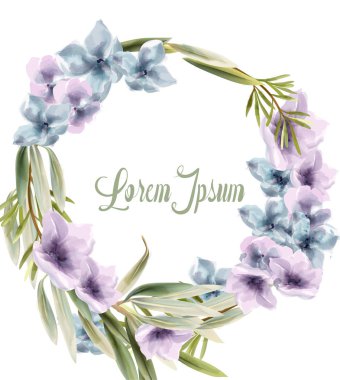 Mor çiçek çelenk Vektör suluboya. Provence rustik posteri. Düğün kartı, doğum günü töreni etkinlik dekorları